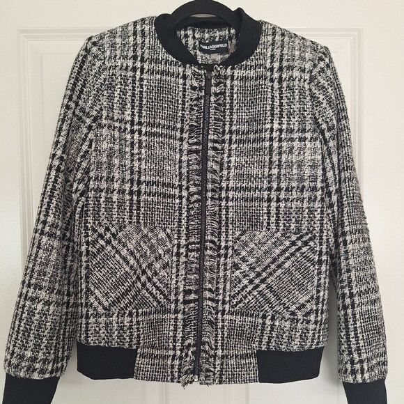 Karl Lagerfeld Paris women's tweed bomber jacket black /white size 2 - Picture 1 of 7